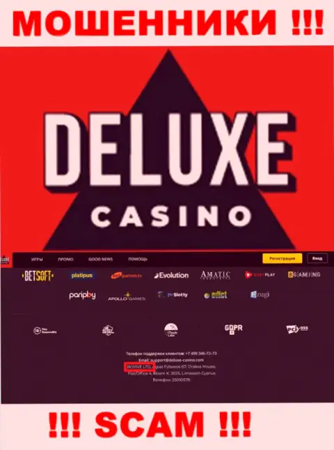 Сведения о юридическом лице Deluxe Casino на их официальном информационном сервисе имеются - это BOVIVE LTD