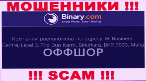 В компании Binary без последствий сливают деньги, потому что прячутся они в оффшоре: W Business Centre, Level 3, Triq Dun Karm, Birkirkara, BKR 9033, Malta