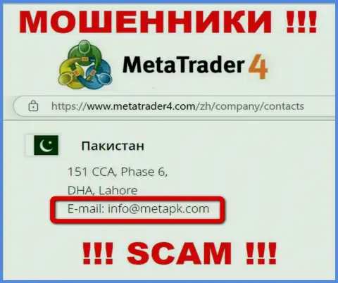 В контактных сведениях, на web-сервисе обманщиков MetaTrader 4, расположена вот эта почта